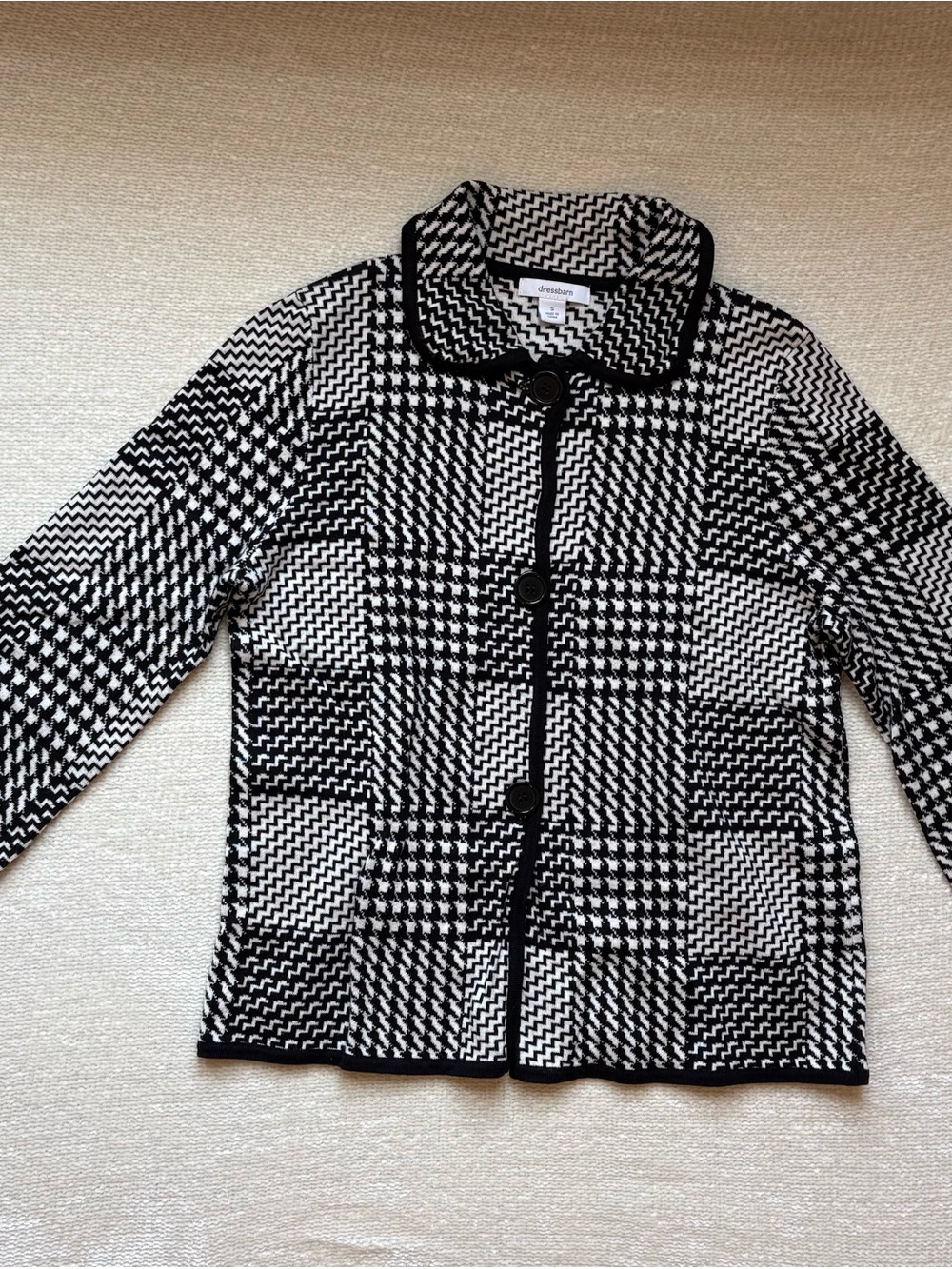 dressbarn houndstooth block-patterned collared button-up cardigan